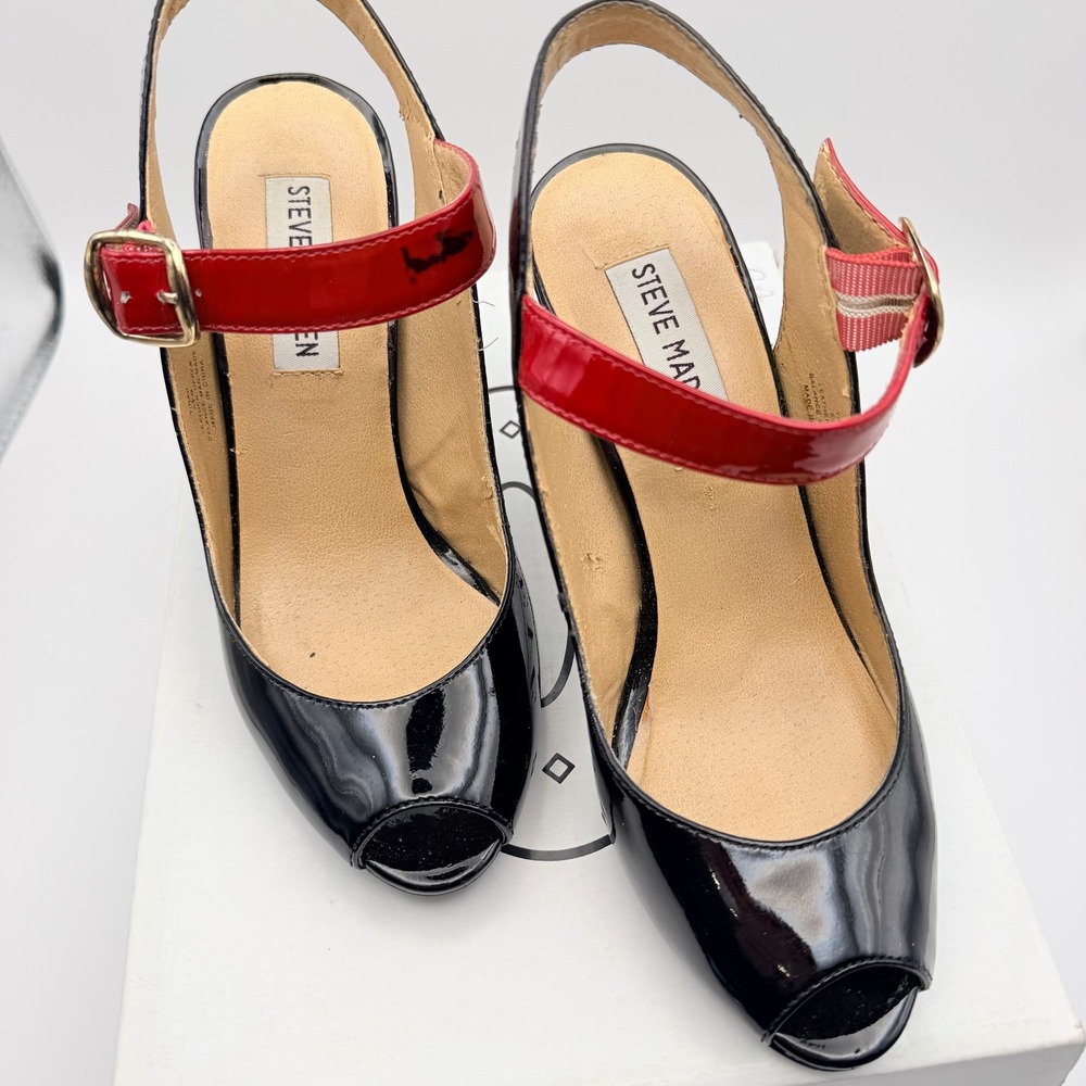 Steve Madden Tinah Peep Toe Slingback Heels Patent Leather Womens 5.5 Black Red